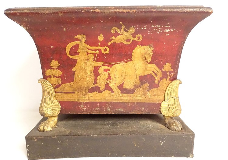 Pair of Empire planters, painted sheet metal, gilding, mythological chariot gods, 19th century