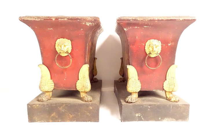 Pair of Empire planters, painted sheet metal, gilding, mythological chariot gods, 19th century