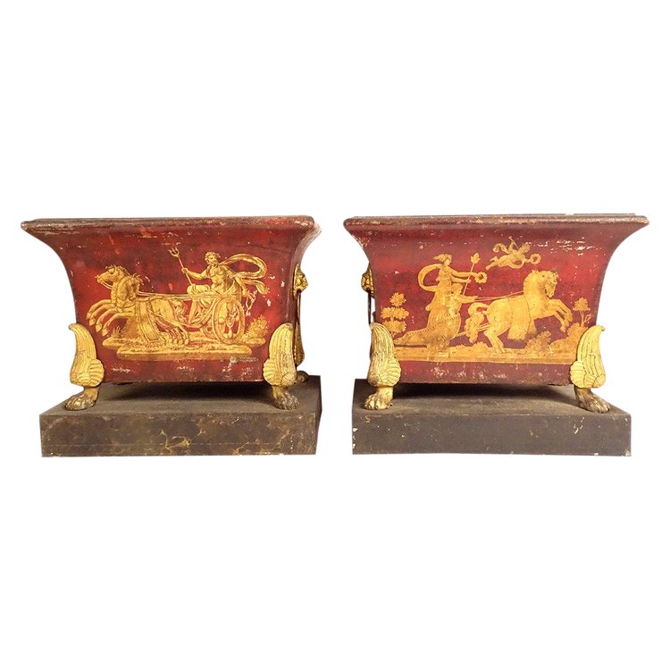 Pair of Empire planters, painted sheet metal, gilding, mythological chariot gods, 19th century