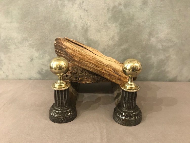 Pair of 19th century cast iron and polished brass andirons