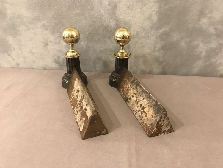 Pair of 19th century cast iron and polished brass andirons