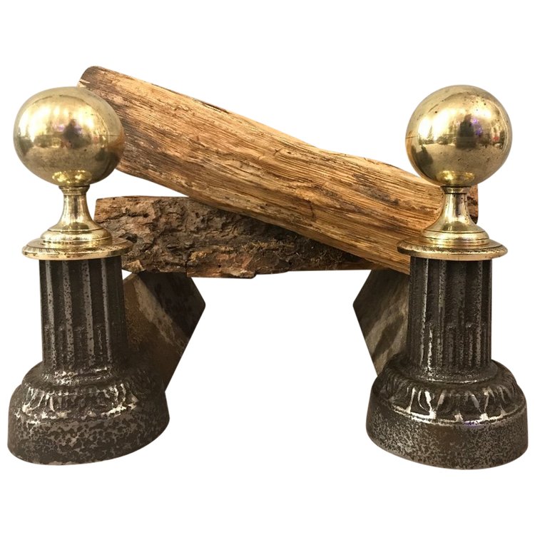 Pair of 19th century cast iron and polished brass andirons