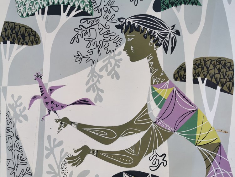 René Fumeron Frau mit Vögeln Acryl Auf Papier