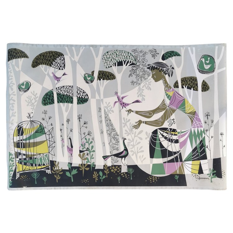 René Fumeron Frau mit Vögeln Acryl Auf Papier