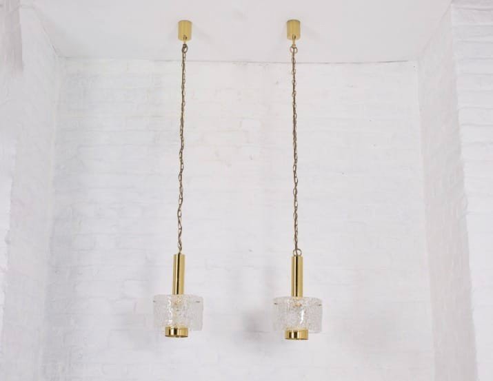 Lampade a sospensione in ottone e vetro ghiaccio di Murano