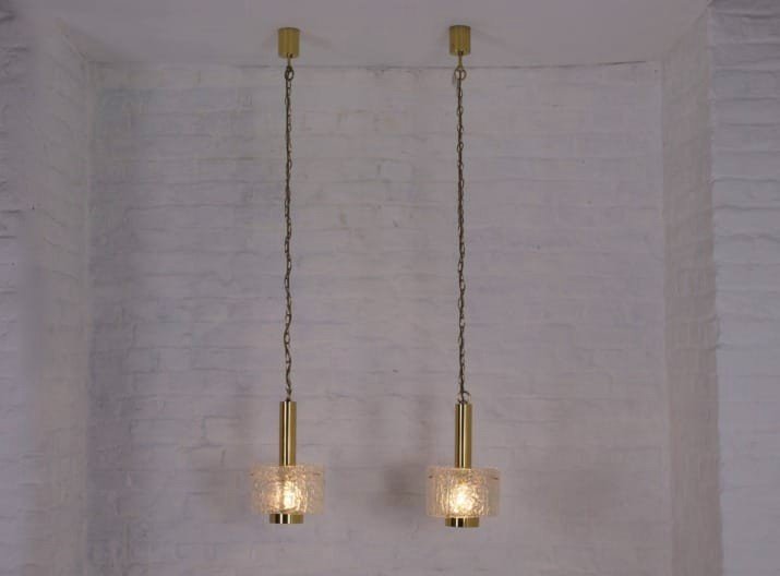 Lampade a sospensione in ottone e vetro ghiaccio di Murano