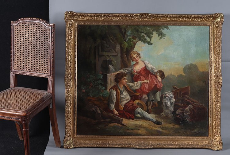 Large 18th century painting, 116 cm, romantic country scene with little dog, French School