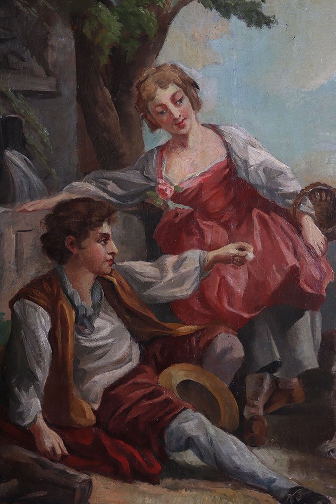 Large 18th century painting, 116 cm, romantic country scene with little dog, French School