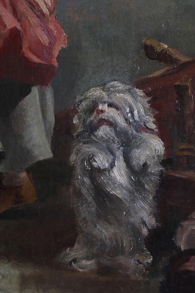 Large 18th century painting, 116 cm, romantic country scene with little dog, French School
