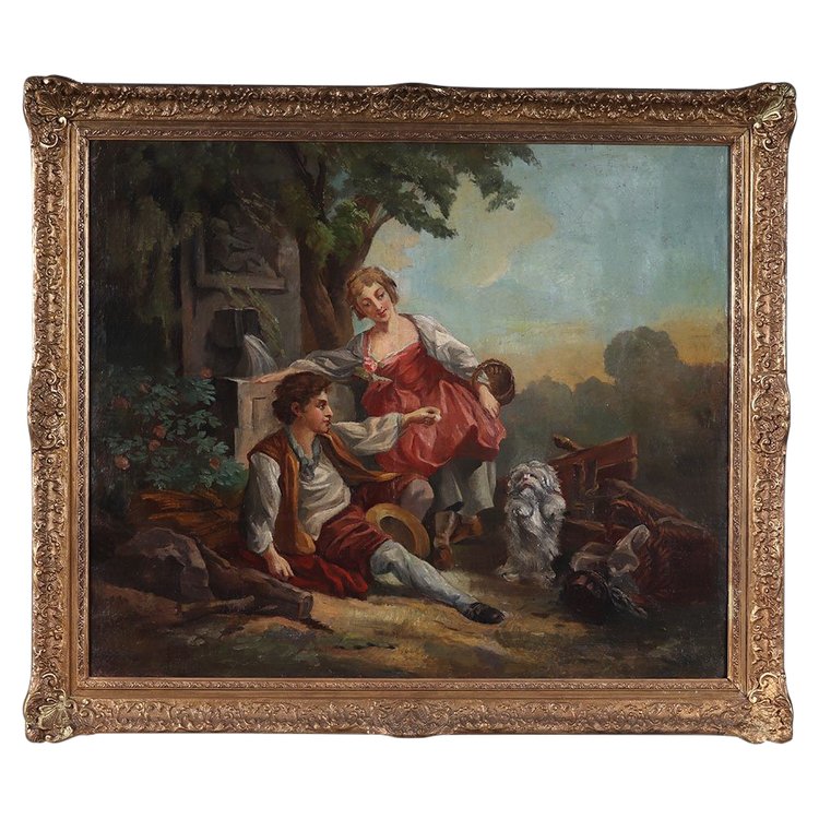 Large 18th century painting, 116 cm, romantic country scene with little dog, French School