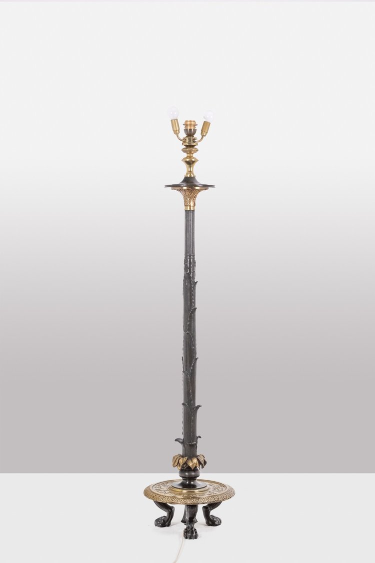 Restoration-style floor lamp in bronze with two patinas. Circa 1900. LS6115817Y