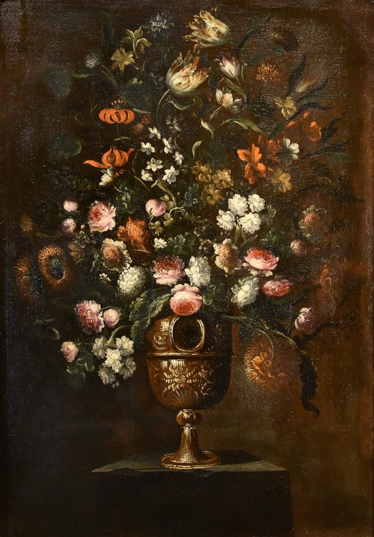 Andrea Scacciati (florence 1642-1710)  Composition Of Flowers Within Embossed Vase  (3 Of 3)