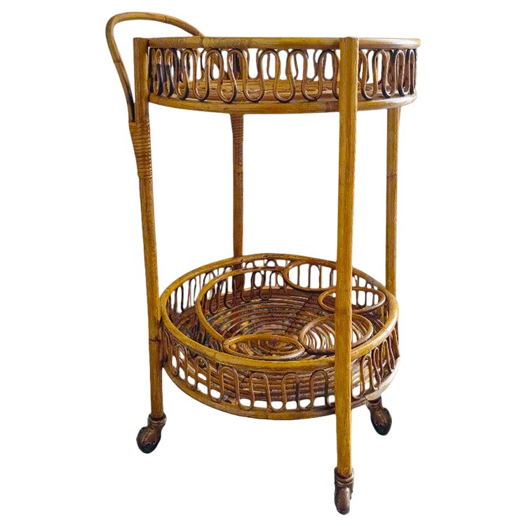 1960s Gorgeous Bamboo & Rattan Serving Bar Cart Trolley by Franco Albini. Made in Italy