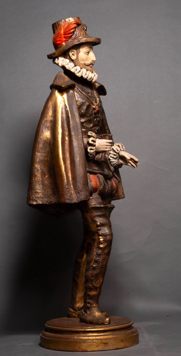 Statue Polychrome en Bois, Noble de la Cour Royale Française, XIXᵉ Siècle