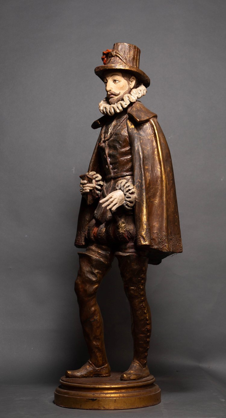 Statue Polychrome en Bois, Noble de la Cour Royale Française, XIXᵉ Siècle