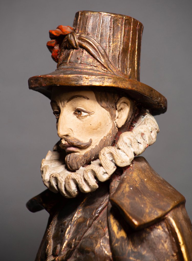 Statue Polychrome en Bois, Noble de la Cour Royale Française, XIXᵉ Siècle