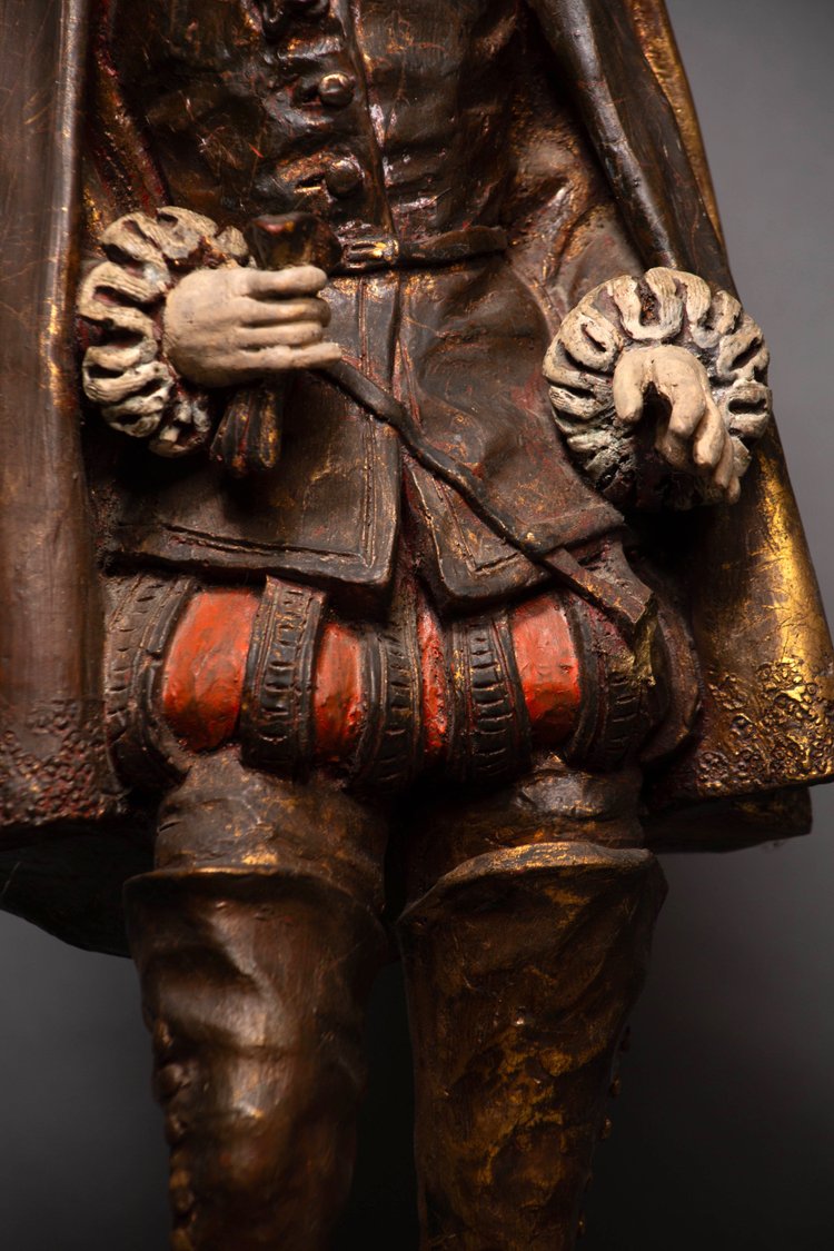 Statue Polychrome en Bois, Noble de la Cour Royale Française, XIXᵉ Siècle