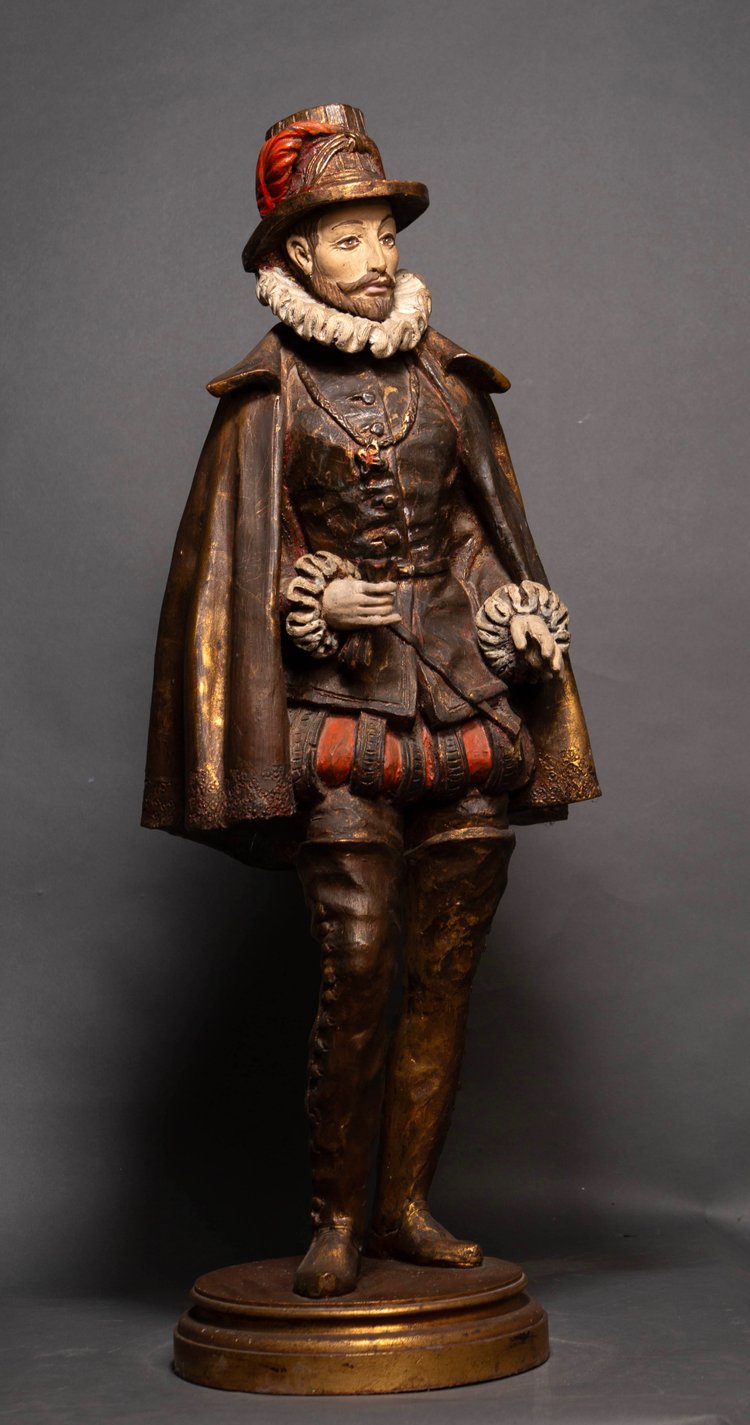 Statue Polychrome en Bois, Noble de la Cour Royale Française, XIXᵉ Siècle
