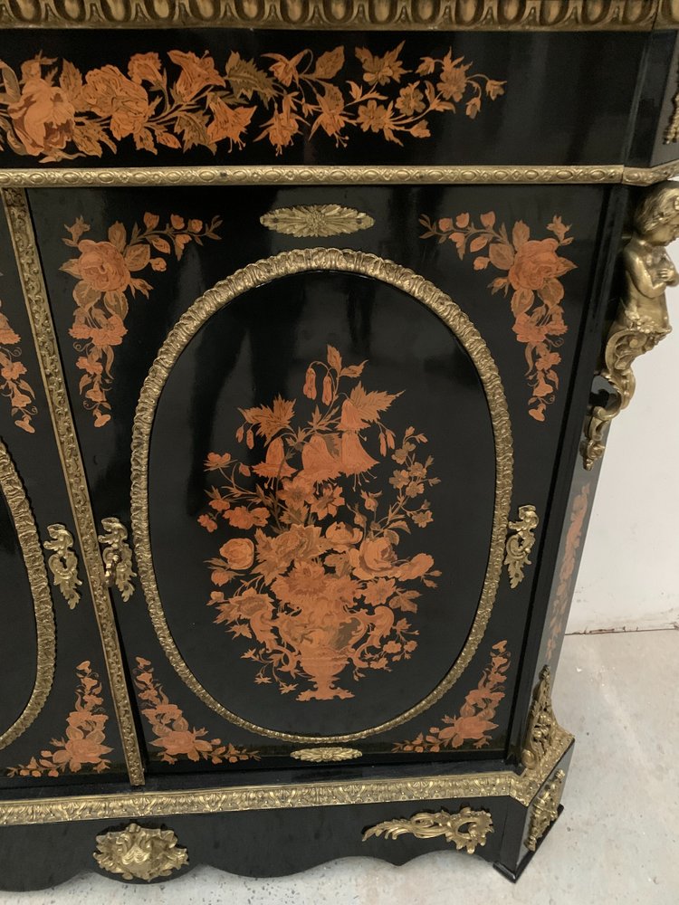 Meuble Napoléon III en bois noir et marqueterie de bois clair XIX siècle