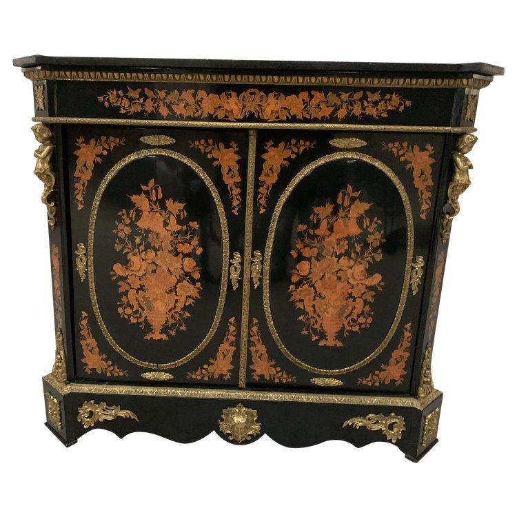 Meuble Napoléon III en bois noir et marqueterie de bois clair XIX siècle