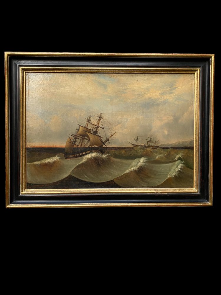 Large 19th century marine, signed and dated 1845, sailing ship, Pyroscaphe, 3 masts, storm...