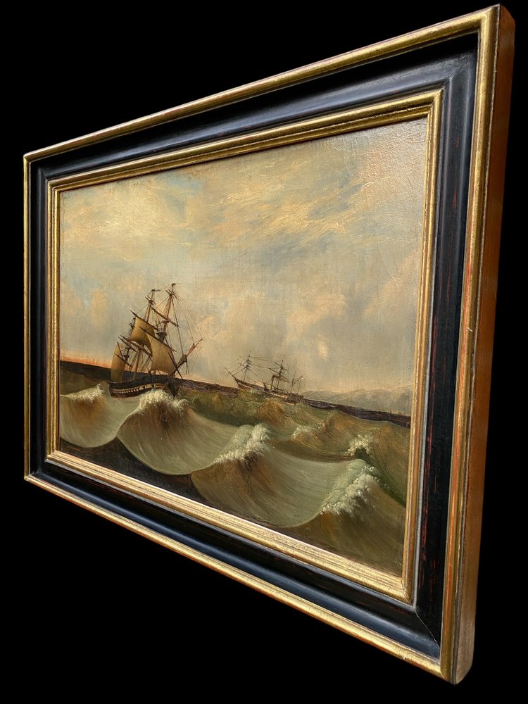 Large 19th century marine, signed and dated 1845, sailing ship, Pyroscaphe, 3 masts, storm...