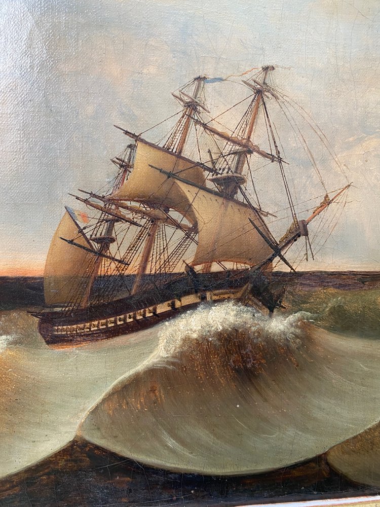 Large 19th century marine, signed and dated 1845, sailing ship, Pyroscaphe, 3 masts, storm...