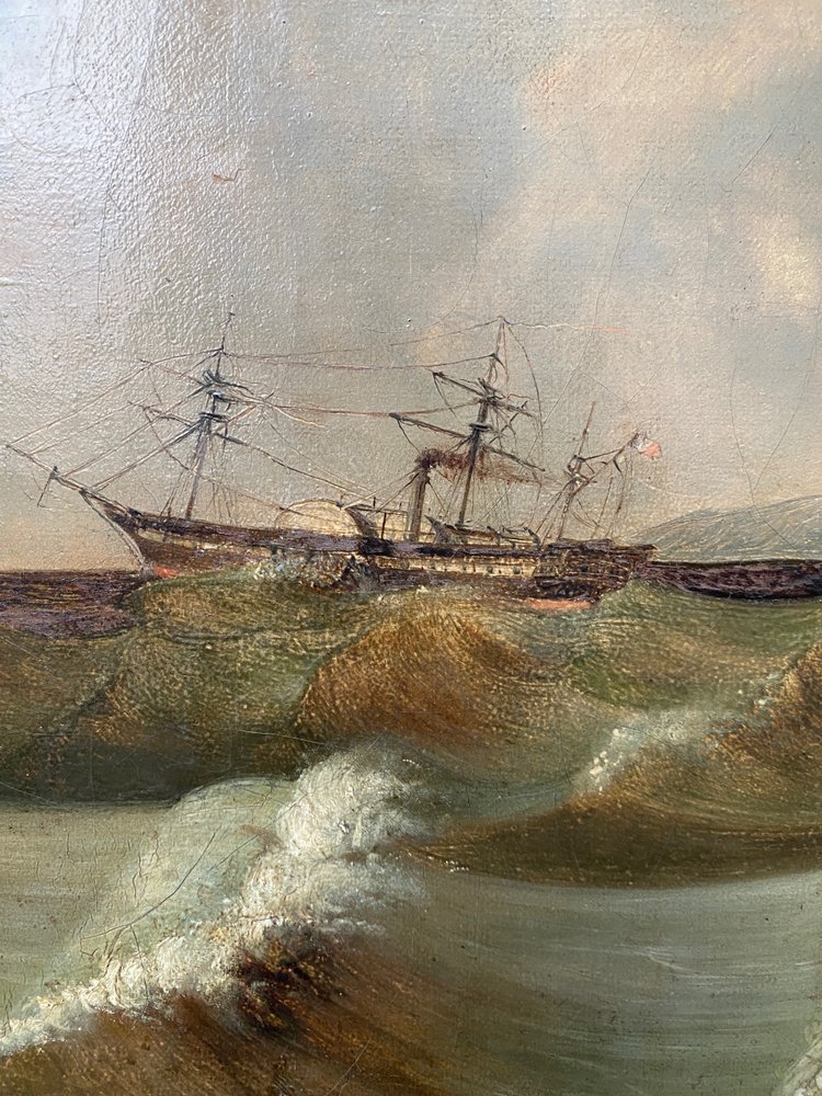 Large 19th century marine, signed and dated 1845, sailing ship, Pyroscaphe, 3 masts, storm...