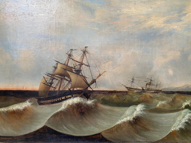 Large 19th century marine, signed and dated 1845, sailing ship, Pyroscaphe, 3 masts, storm...