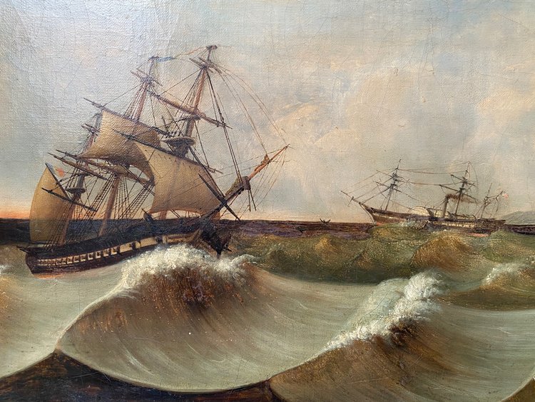 Large 19th century marine, signed and dated 1845, sailing ship, Pyroscaphe, 3 masts, storm...