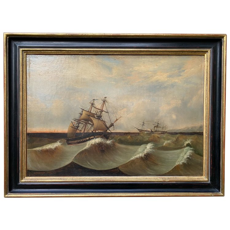 Large 19th century marine, signed and dated 1845, sailing ship, Pyroscaphe, 3 masts, storm...