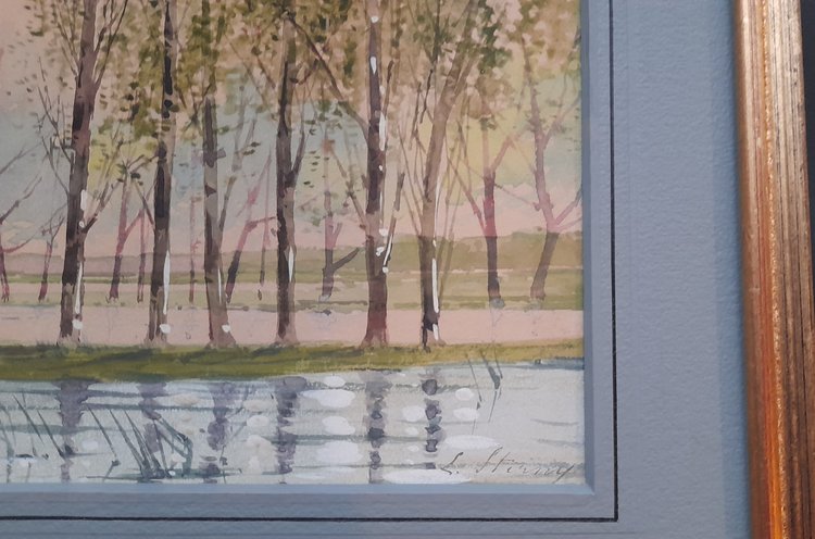 les peupliers aquarelle signée en bas à droite illisigle
