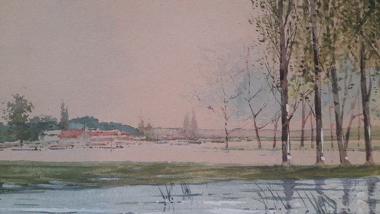 les peupliers aquarelle signée en bas à droite illisigle