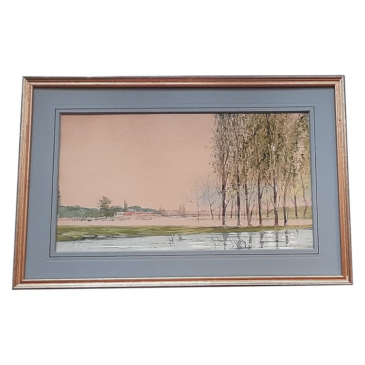les peupliers aquarelle signée en bas à droite illisigle