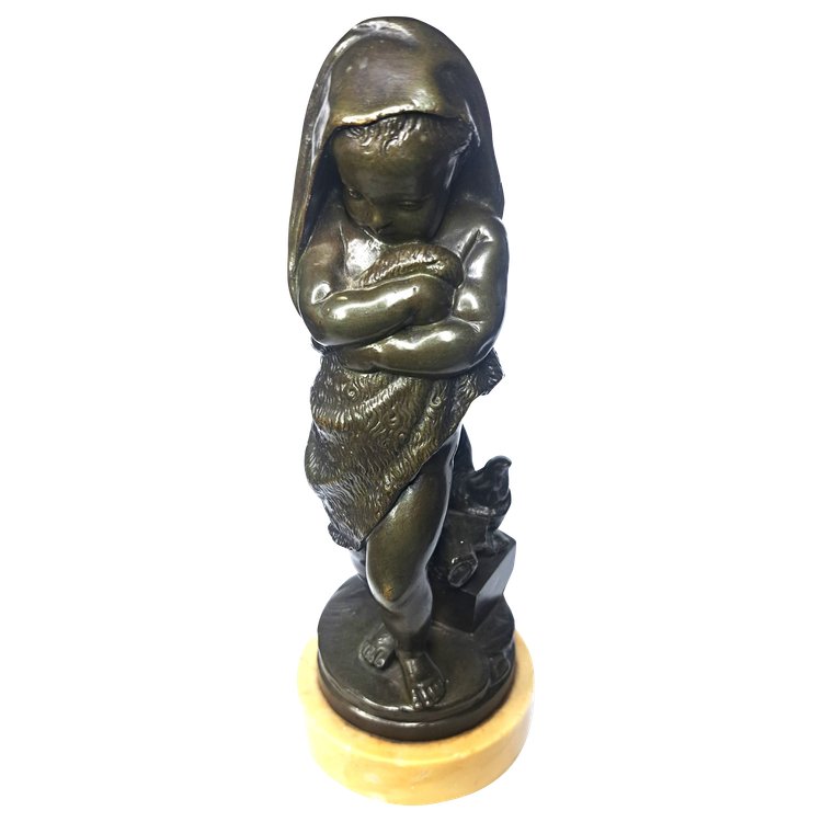Scultura di bambino in bronzo con base in marmo