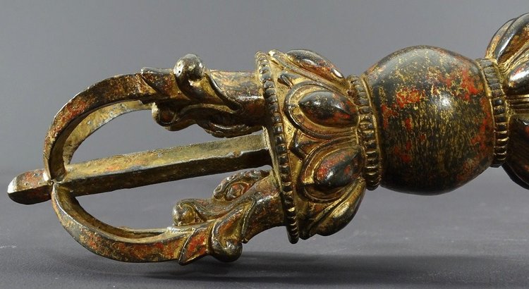 Tibet, Late 19th Century, Important Gilt-Lacquered Bronze Lama Vajra.