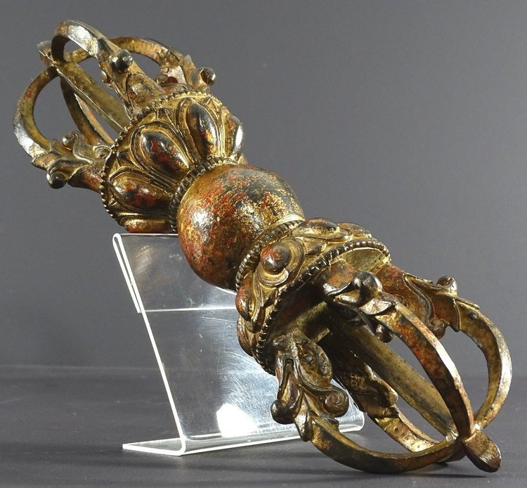 Tibet, Late 19th Century, Important Gilt-Lacquered Bronze Lama Vajra.