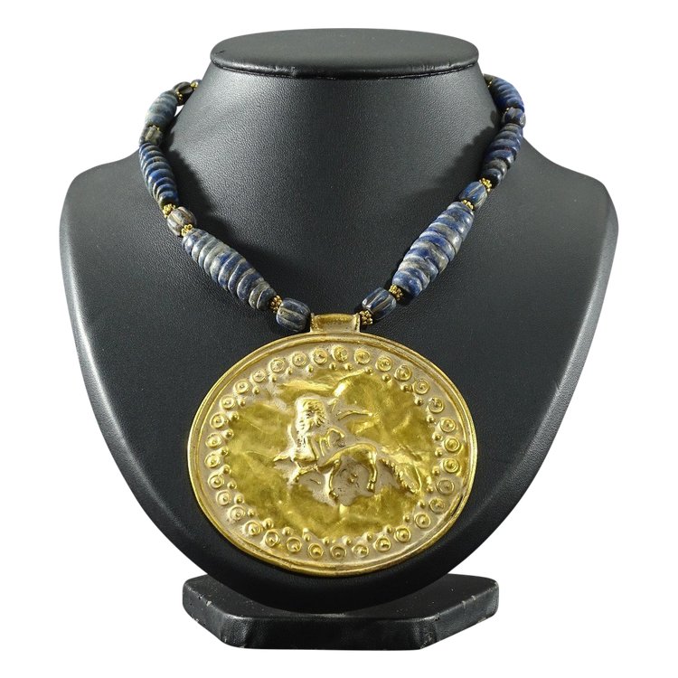 Afghanistan, Bactrian Civilization Style, Glass Beads and Gilded Bronze Medallion Necklace.