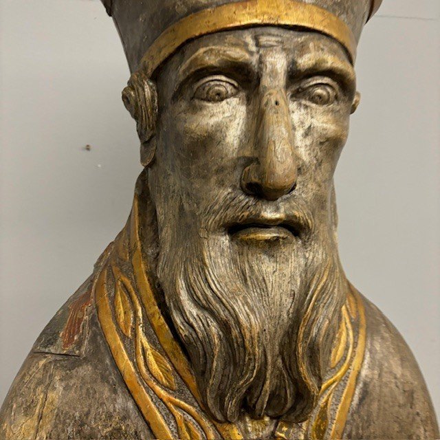 Antico grande busto scultura  San Nicola XVII sec argento e doratura a mecca . Mis 102 x 53 