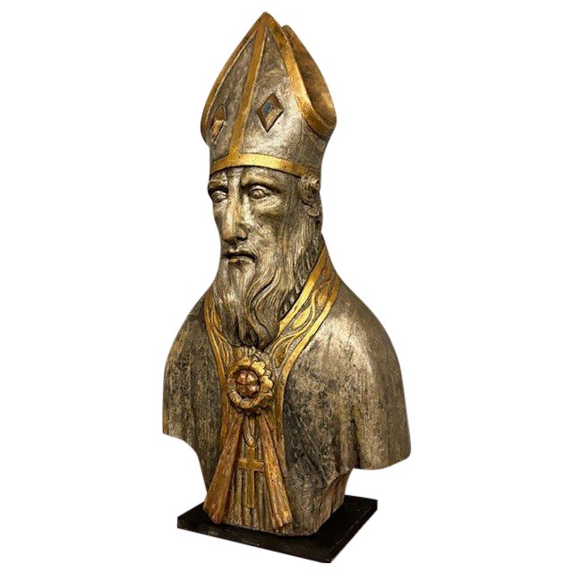 Antico grande busto scultura  San Nicola XVII sec argento e doratura a mecca . Mis 102 x 53 