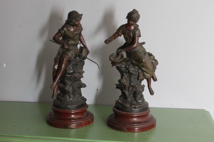 Pair of late 19th century Auguste Moreau sculptures in antimony patinated Fisherman and Peasant Girl . Mis h 46