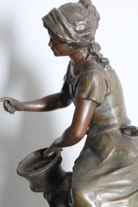 Pair of late 19th century Auguste Moreau sculptures in antimony patinated Fisherman and Peasant Girl . Mis h 46