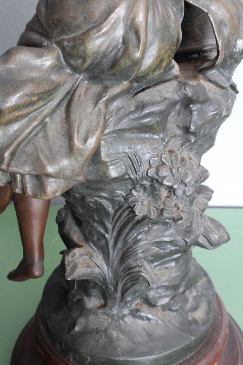 Pair of late 19th century Auguste Moreau sculptures in antimony patinated Fisherman and Peasant Girl . Mis h 46