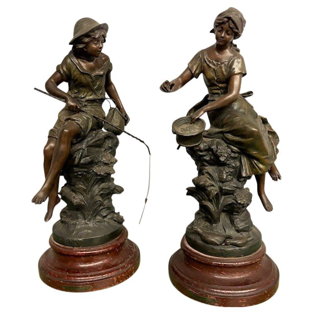 Pair of late 19th century Auguste Moreau sculptures in antimony patinated Fisherman and Peasant Girl . Mis h 46