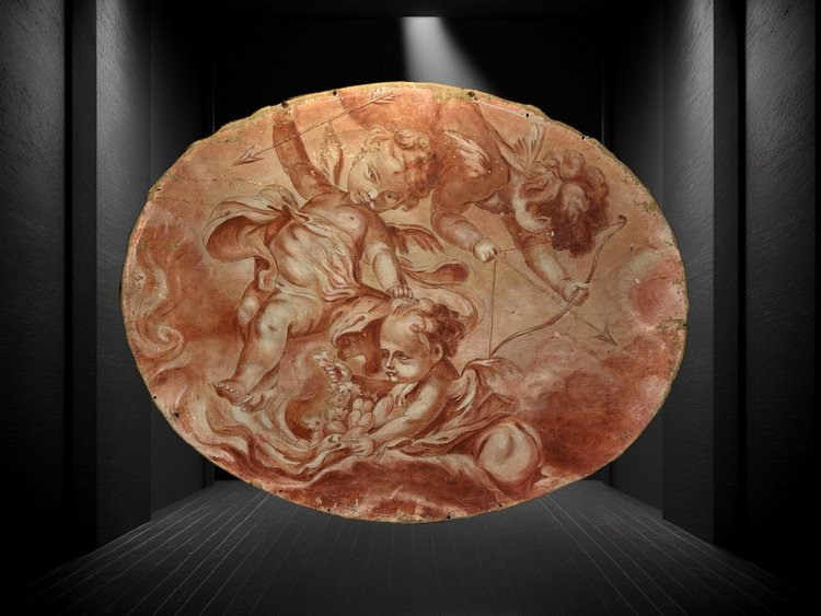 OIL ON CANVAS OVAL WOOD PANELING CHERUBS PLAYING WITH A BOW