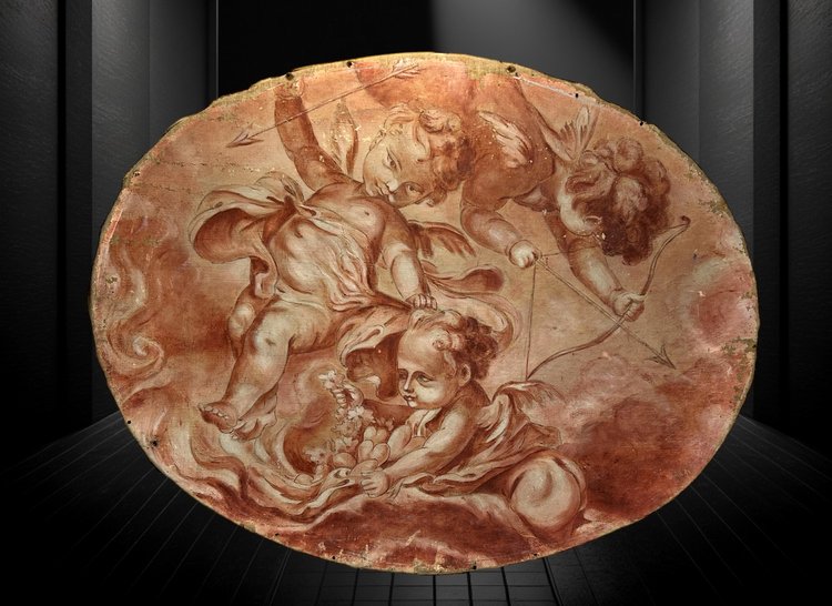 OIL ON CANVAS OVAL WOOD PANELING CHERUBS PLAYING WITH A BOW