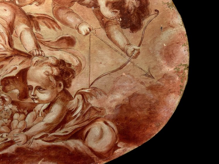 OIL ON CANVAS OVAL WOOD PANELING CHERUBS PLAYING WITH A BOW