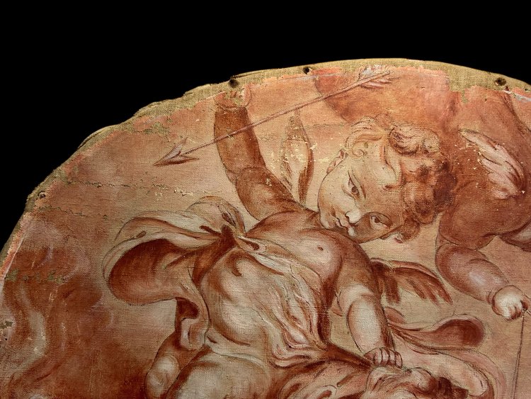OIL ON CANVAS OVAL WOOD PANELING CHERUBS PLAYING WITH A BOW