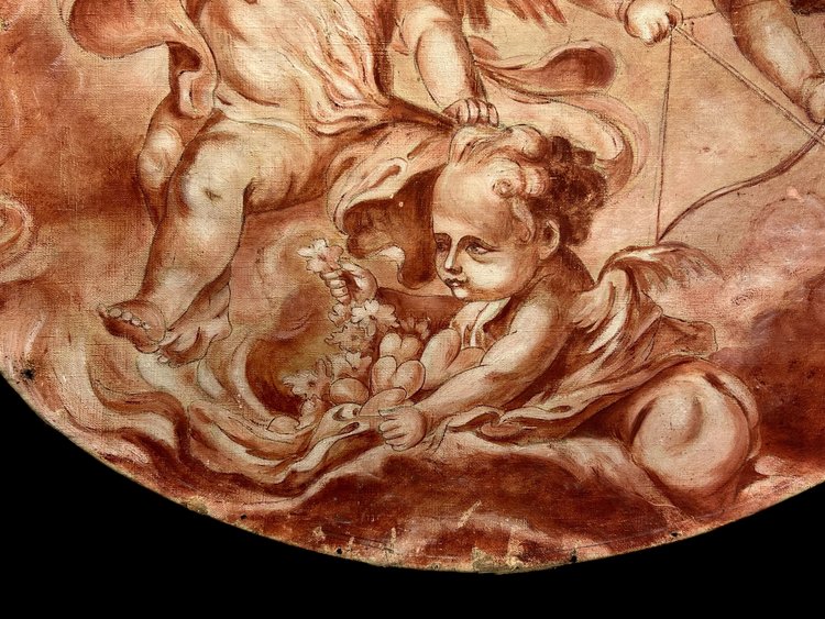 OIL ON CANVAS OVAL WOOD PANELING CHERUBS PLAYING WITH A BOW