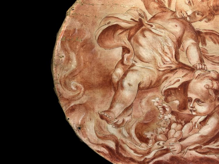 OIL ON CANVAS OVAL WOOD PANELING CHERUBS PLAYING WITH A BOW